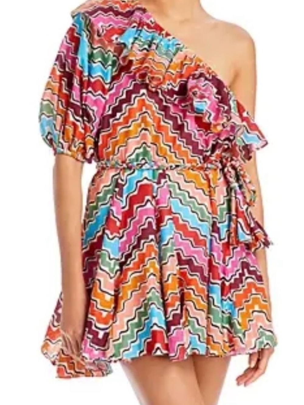RHODE One-Shoulder Zigzag Ruffle Mini Dress in Multicolor